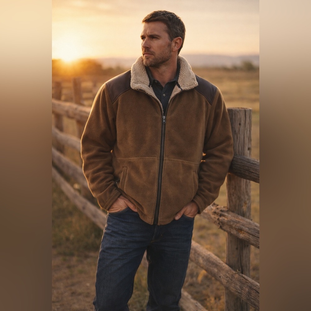 TAG Safari Fleece Jacket Mens Large Brown Sherpa Collar Western Ranch Outdoor